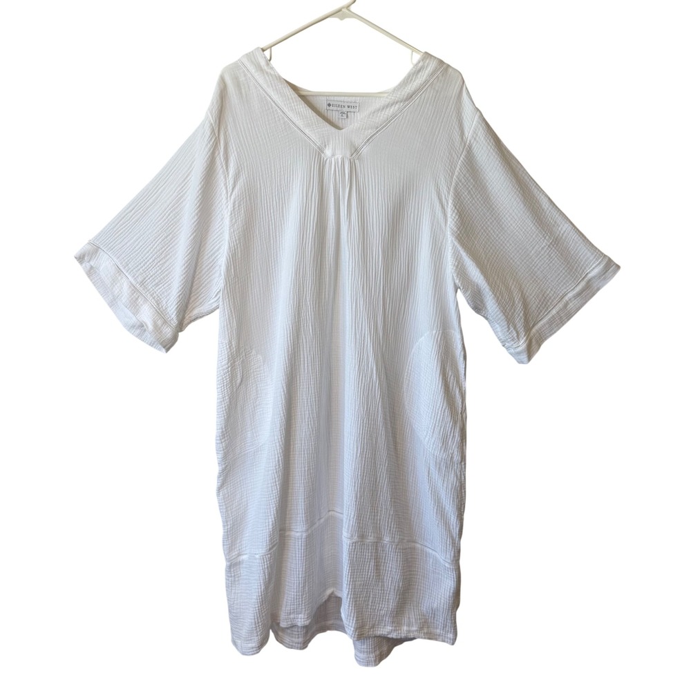 Eileen West White Cotton Gauze Nightgown V-Neck Lace Trim Short Sleeve Pocket L